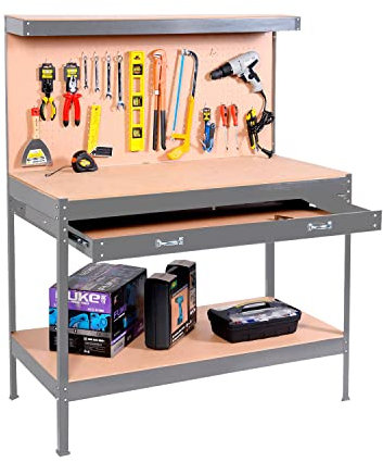 Neo Workbench Metal Steel Work Bench Benches Table Heavy Duty Steel Peg Pegboard Drawer Tool Shed Garage Storage Workshop Woodwork DIY Large (Grey)