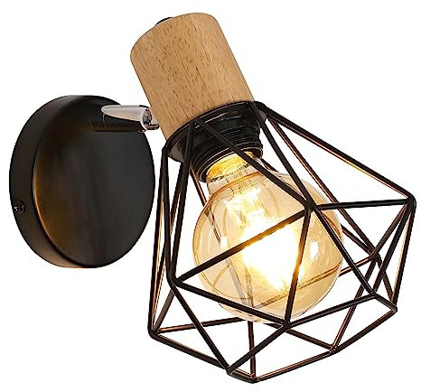 Toolight Applique Murale Industrielle Vintage, Lampe Murale 360° Rotative en Bois, Lampe Cage E27 en Métal et Fer Noir pour Chambre à Coucher Couloir Salle de Séjour Max 60W