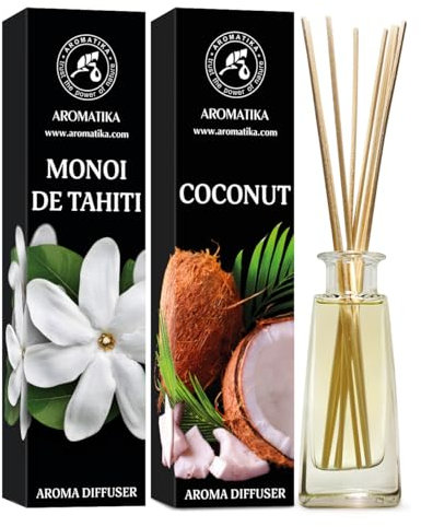 Raumduft Diffuser Monoi de Tahiti & Kokos 2х100ml - Raumduft Diffuser mit Stäbchen - Raumbeduftung - Exotischer Duft - Set fur Raum - Zuhause - Büro - Boutique - Aromatherapie - Reed Diffuser