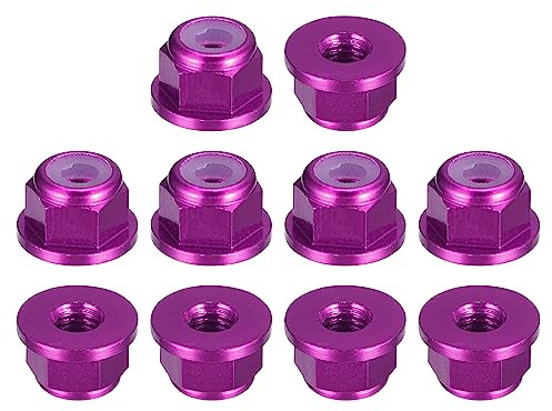 sourcing map Nylon Insert Hex Lock Nuts, 10pcs - M3 x 0.5mm Aluminum Alloy Self-Locking Nut, Anodizing Flange Lock Nut for Fasteners (Purple)