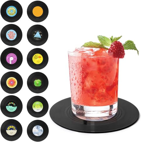 12 Pezzi Sottobicchieri, UKOFEW Sottobicchiere per Dischi in Vinile, Antiscivolo Sotto Bicchieri, Nero Rotondi Antiscivolo Sottobicchiere per Caffè, Birra, Boccali, Bicchieri da Vino, Casa, Bar