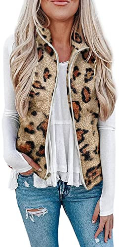 FNKDOR 2023 Herbst und Winter Weste Damen Kurz Leopardenmuster Zip up Fleeceweste Flauschig Teddy Weste Plüsch Waistcoat (Khaki, M)
