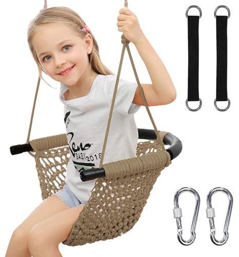 Hi-Na Tree Swing for Kids, Adjustable Toddler Rope Swing Seat with Snap Hooks and Straps, 440 lbs Capacity, Swingset Accessories for Indoor Porch Doorway Outdoor Playground Backyard (Khaki)