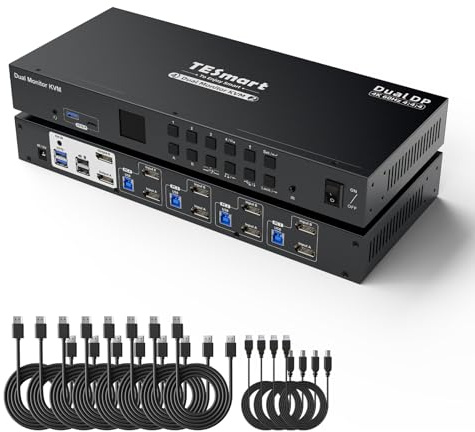 TESmart 4K@60Hz DSC DisplayPort KVM Switch 4 PC 2 Monitores, USB 3.0 con Emulador EDID, Audio y Micrófono, Conmutador de 4 Puertos para Teclado y Ratón, Incluye 12 Cables de Entrada