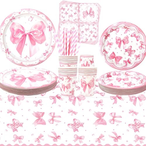 Decorazioni con Fiocco Rosa - Stoviglie per Festa con Piatti da Dessert, Bicchieri, Tovaglioli, Cannucce per Compleanno Coquette Ragazze, 20 Pezzi