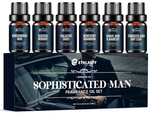 Men Essential Oils Set - TOP 6 Gentlemen's Fragrance Oil for Diffuser, Candle & Soap Making - Tobacco and Bay Leaf, Kentucky Bourbon, Galactic Skies, Scotch Whisky, Birchwood Oud