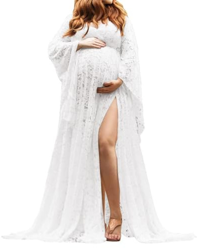 Långärmad fluffig spetsrock moderskapsklänning för fotografering långa underkläder baby shower graviditetsklänning AH052, Vitt, 42