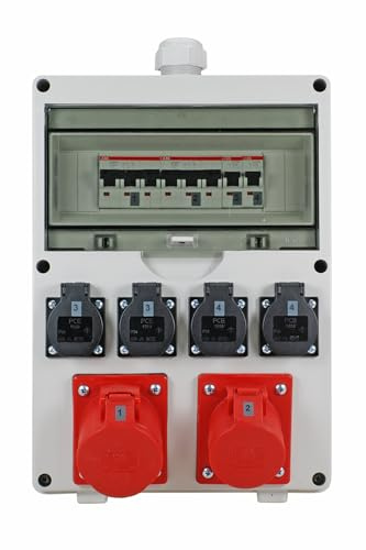 EHMANN Distribuidor de pared profesional, entrada M32 para cable, con disyuntores, Made in Germany, 6 salidas (1 x CEE 32 A / 1 x CEE 16 A / 4 x 230 V~), K2, BGI-GUV-I608