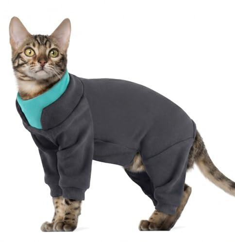 Hjumarayan Sticky Hair Cat Onesie - Cat Overgrooming Suit, Stretchy Body Suit to Stop Licking, Full Coverage Warm Fleece Jumper with Four-leg, Long Sleeve Clothes, Grey S