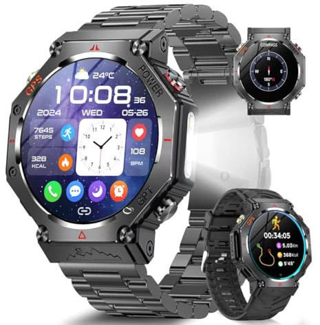 Marsyu Smart Watch for Men with GPS Compass LED Flashlight,1.39 HD Outdoor Smartwatch with Heart Rate/SpO2/Sleep Monitor,100+ Sports Modes Fitness Watch Step Counter Tracker for iOS Android(2 Bands)