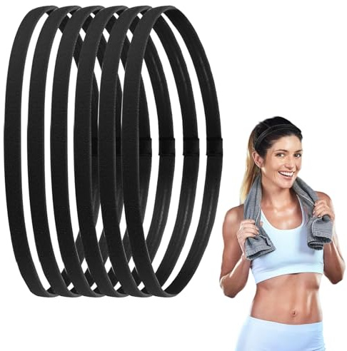 6 Pcs Sports Headband, Non-Slip Elastic Headband, Iastic Silicone Grip Exercise Headband, Thick Non-Slip Elastic Sport Headbands, Stretchy Head Band for Doing Workout, Yoga, Makeup, Running (Black)