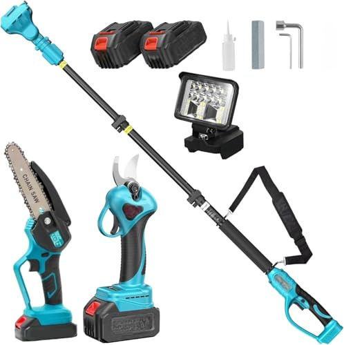 Kit Potatura, 4 in 1 Motosega 8 con Lubrificazione Olio + Cesoia Forbice Taglio 40mm + Lampada Led + Asta Telescopica con 2 Batterie da 88VF 8Ah per Potatura Alberi Piante Siepi DIY