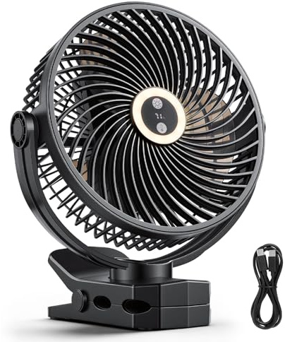 VEVOR Portable Clip Fan, Rechargeable Clip On Fan with Light, USB Port with 3 Speeds & Circulation Mode, Strong Airflow Sturdy Clamp, Long Runtime for Desk, Golf Cart,Outdoor Camping Treadmill,Black
