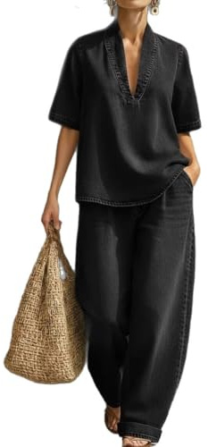 SUIUOI Mujer de dos piezas con aspecto vaquero – Camiseta de manga corta con cuello en V y pantalones anchos, elegante atuendo informal de verano