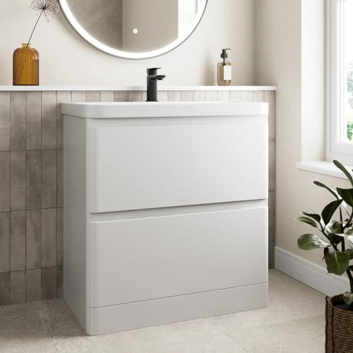 Affine 800mm Bathroom Vanity Unit With Wash Basin Ceramic Sink, White Gloss | Single Tap Hole, 2 Soft Close Drawers, Cloakroom Storage Furniture Freestanding Cabinet, Fully Assembled, Modern Curved