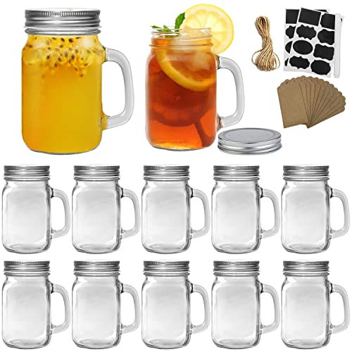 Maredash 16 oz Mason Jars with Handle,Old Fashioned Drinking Glasses with Chalkboard Labels and Silver Metal Lids,Glass Mugs for Party or Daily use,Set of 12.