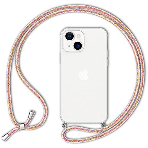 NALIA Coque Cordon pour iPhone 13 Mini - Housse Hybride Transparente & Lanière - HANGIT (Dos Anti-Jaunissement & Réglable) - Marque Allemande, Couleur:Arc-en-Ciel