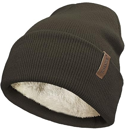 TOSKATOK - Bonnet en Maille pour Homme et Femme, Unisexe, Classique, Doux, Chaud, avec Doublure en Polaire Thermique Souple, olive, Taille Unique