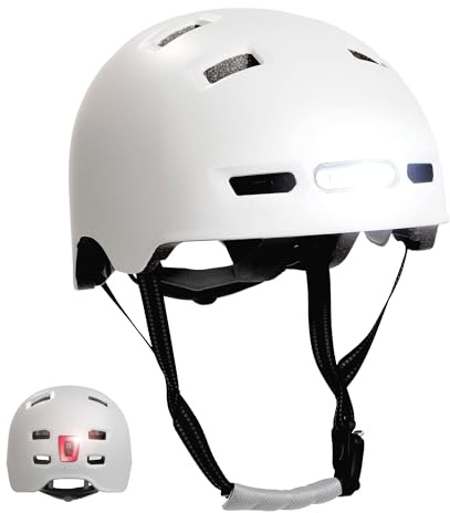 Casco de Bicicleta Blanco Mate Crazy Safety con Luz Delantera y Trasera USB | Casco de Bici de Ciudad para Hombres y Mujeres, Casco Urbano para Patinete, Skate, Patines y Bicis BMX | Talla M(54-57cm)