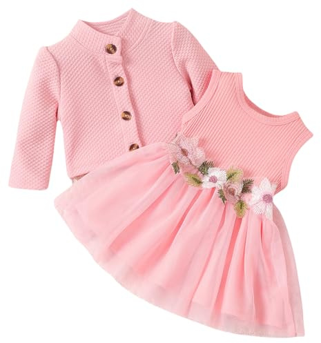 Yoolhamy Bambina Vestito e Cardigan Set Manica Lunga Cotone Principessa Tutu Abiti con Cappotto Outfit per Bambine (IT, età, 12 Mesi, 18 Mesi, Sleeveless Pink)