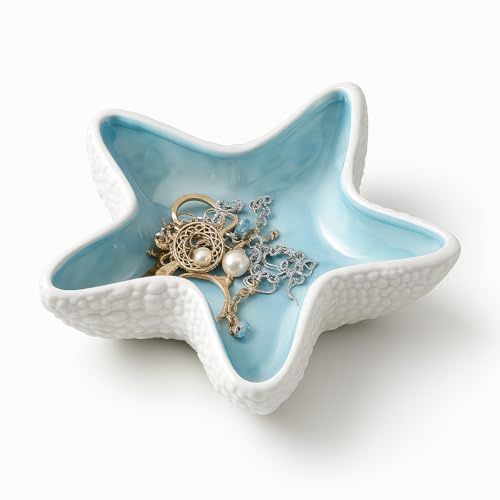 Starfish Shell Jewellery Dish Tray - Ceramic Trinket Holder for Rings, Earrings, Necklaces - Ocean-Inspired Decorative Jewellery Organiser - Durable Stoneware Gift for Women, Mum, Friends - Blue