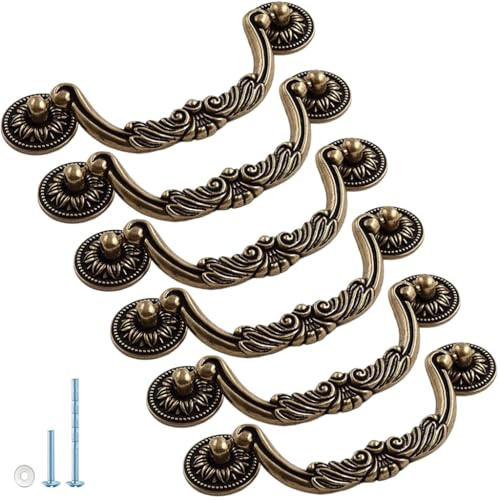ESreake 6PCS Antique Bronze Drop Bail Pulls,Vintage Carved Cabinet Pulls Handles,5.0 Hole Centers Retro Drawer Knobs,Texture on Handle for Drawer Dresser Closet with Screws (Large 5 Hole Centers)