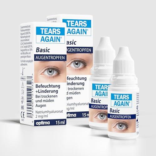 TEARS AGAIN Basic Augentropfen gegen trockene und müde Augen, Hyaluron 0,2%, Augentropfen zur Augenbefeuchtung, 2x15 ml (2er Pack)