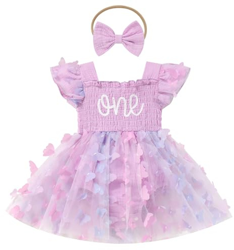 FYMNSI Baby Girls 1st First Birthday Cake Smash Outfit One Year Old Party Photo Shoot Ruffle Fly Sleeve Butterfly Tutu Tulle Princess Romper Dress Bowknot Headband Set Summer Clothes Purple 9-12M