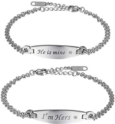 Flongo partnerarmband BFF kedjor, 2 stycken rostfritt stål armband armring silver pansarkedja partnerarmband par I'm Hers & He is Mine Gravyr Tag män, damer set, Rostfritt stål