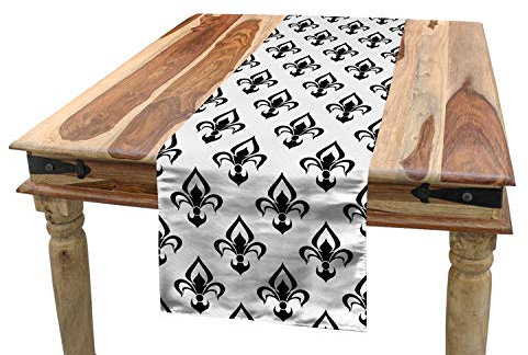 ABAKUHAUS Fleur De Lis Tischläufer, West Barock, Esszimmer Küche Rechteckiger Dekorativer Tischläufer, 40 x 180 cm, Schwarz Weiß