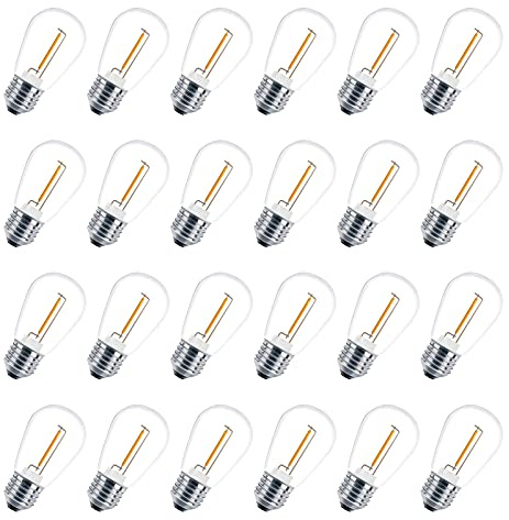 VISTERLITE Paquete de 24 bombillas LED S14 de repuesto, irrompibles, impermeables, de 1 W, entresuela E26, blanco cálido de 2200 K, equivalente a 11 W, no regulable