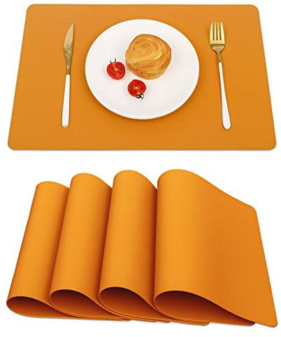 Halloween Tischsets 4er Set Orange Leder Tischsets für Esstisch Indoor Outdoor Tischmatten Wasserdicht Abwischbar Hitzebeständig Leicht zu Reinigen Platzsets