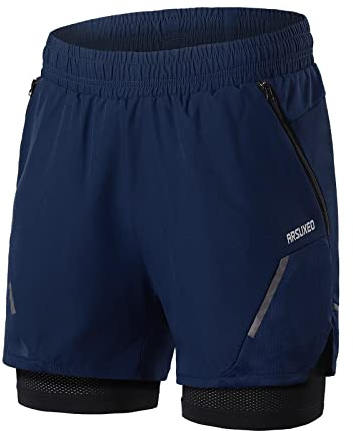 ARSUXEO Pantalones Cortos de Correr 2 en 1 para Hombre, Entrenamiento, Gimnasio, con Forro de Malla, Bolsillos con Cremallera B210 Azul S