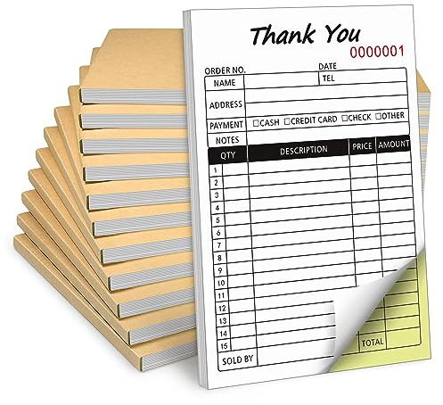 10 Pack Thank You Receipt Book, 2-Part Carbonless Sales Invoice Book with Cardboard for Small Boutique Business, (8.3x5.5 Inches, 50 Sets*10)