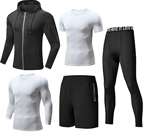 Tancefair 5 st fitness träningskläder för män löpning kompressionsbyxor kort/långärmad skjorta topp jacka set kostym, vit, M