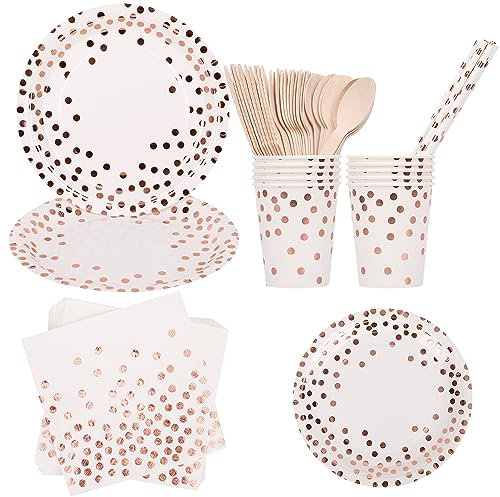 Trimming Shop 80pcs White with Rose Gold Polka Dot Party Tableware Set - Disposable Paper Plates, Cups, Napkins, Straws & Cutlery - Elegant Dinnerware for Birthdays, Anniversaries & Special Events