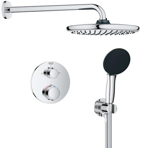 GROHE Precision 250, Unterputz Duschsystem (25cm Regendusche mit Thermostat, Kopfbrause 1 Strahlart, Duschkopf 2 Strahlarten, Komplettset, 1,50m Duschschlauch), rund, chrom, 34883000