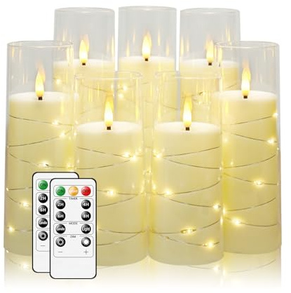 Flameless Candles,with Embedded Star String, Battery Operated Candles Flickering LED Pillar Candles with Remote Control and Timer, Home Decoration Add a Warm and Romantic Atmosphere，Set of 7 (Ivory)