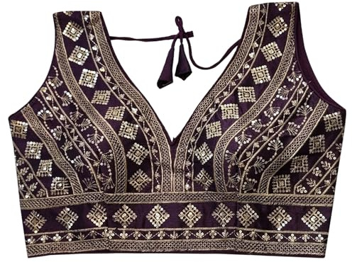 IMTRA FASHION Indiska Färdiggjord Tussar Silke Saree Blus för Kvinnor Crop Top Choli-Purpur-38