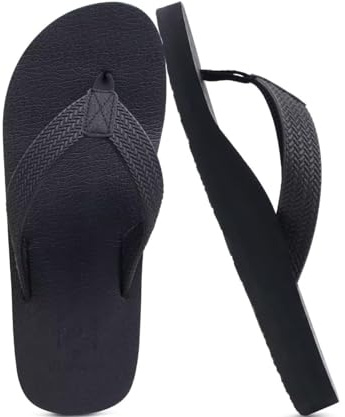 KuaiLu Men's Rubber Flip Flops Arch Support Summer Beach Pool Water Thong Sandals Waterproof Rubber Walking Shoes Slip on Orthotic Casual Sport Cushioned Wide Slides Shower Slippers Black Size 11