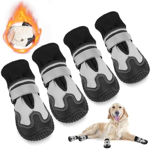 SlowTon Botas para Perros - Protector de Patas de Perro Impermeable con Forro de Lana Cálida - Zapatos para Perros Antideslizantes Ajustables con Correas Reflectantes para Patas Lesionadas