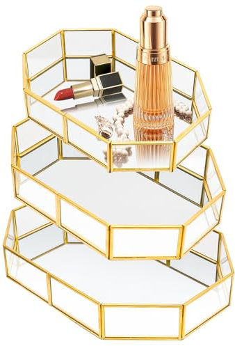 Mulaibdin Lot de 3 Plateau Miroir Doré, Plateau Decoratif Table en Verre, Metal Plateau Salle de Bain, Rangement Parfum Plateau, Plateau pour Coiffeuse,Cosmétique,Bijoux, Décoration de Chambre