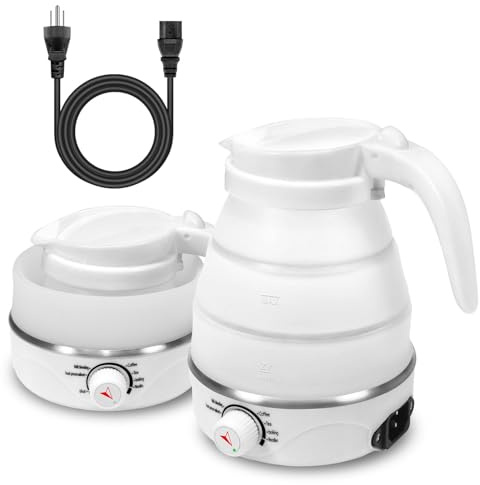 WONDER POINT Collapsible Travel Kettle Electric Portable Foldable Kettle for Boiling Water, Portable Outdoor Travel Must-have for Tea & Coffee Dishwasher-safe Silicone electric kettle110V 600ml(White)