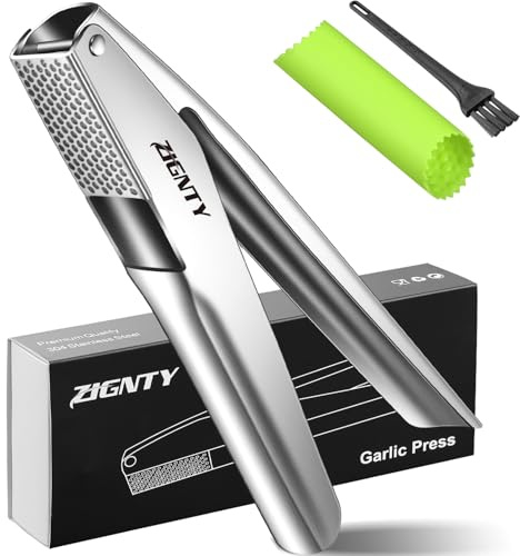 ZIGNTY Professional Garlic Press Stainless Steel, Garlic Mincer No Need to Peel, Large Trough Garlic Crusher, Ergonomic Handle Garlic Ginger Presser Masher, Easy Squeeze Rust Proof Dishwasher Safe