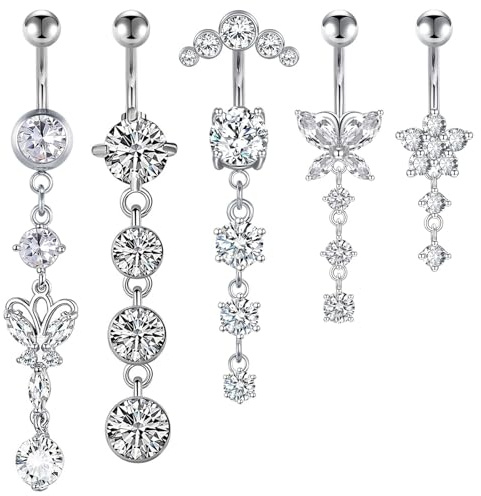 Noaxylic 5 Stück Edelstahl Piercing Bauchnabel, Bauchnabelpiercing, Dangle Schmuck Mit Schmetterling, 1,6 mm Nabelring, 10 mm Stablänge, Bananabell Piercing, für Frauen Schmuck, Silber