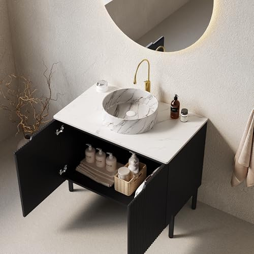 Ligterra Tocador de baño independiente con lavabo de cerámica ovalado a rayas, encimera de piedra Carrara sinterizado blanco, armario a rayas con puertas dobles, 76 x 48 x 87 cm (negro)