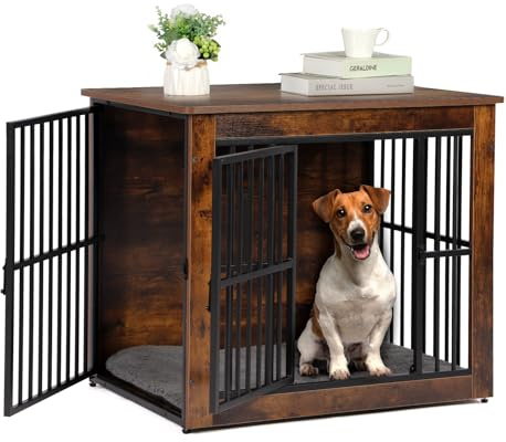 Hundekäfig Möbel, 81cm Hundebox für Zuhause mit 2 Türen, Schiebetüren, Moderne hundebox Holz Indoor für kleine mittlere Hunde, mit Hundedecke, 81x59x71,5cm, Vintagebraun
