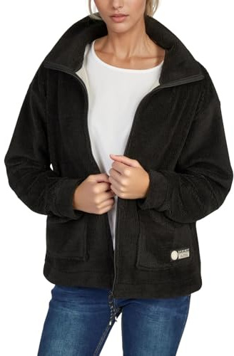 DENIMFY Fleecejacka dam normal passform DFKira teddyfleece vinterjacka övergångsjacka ståkrage svart beige brun S M L XL XXL, svart, M