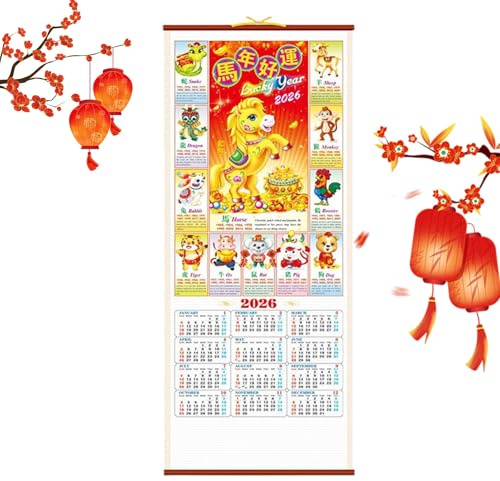 Calendrier Mural De Bureau | Organisateur Mensuel Décoratif Accrochable | Calendrier Lunaire 2026 De L'Année Du Cheval,Planning pour Bureau École Maison Nouvel An Chinois