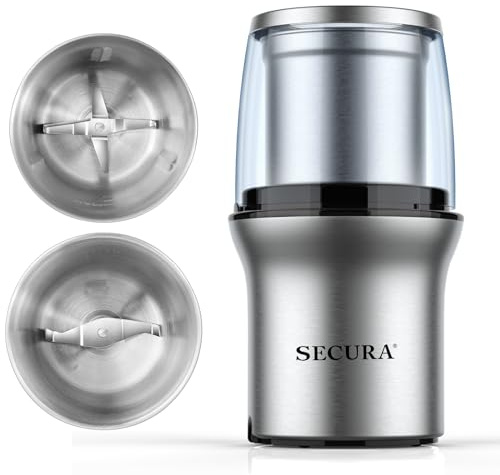Secura Electric Coffee Grinder and Spice Grinder with 2 Stainless Steel Blades Removable Bowls